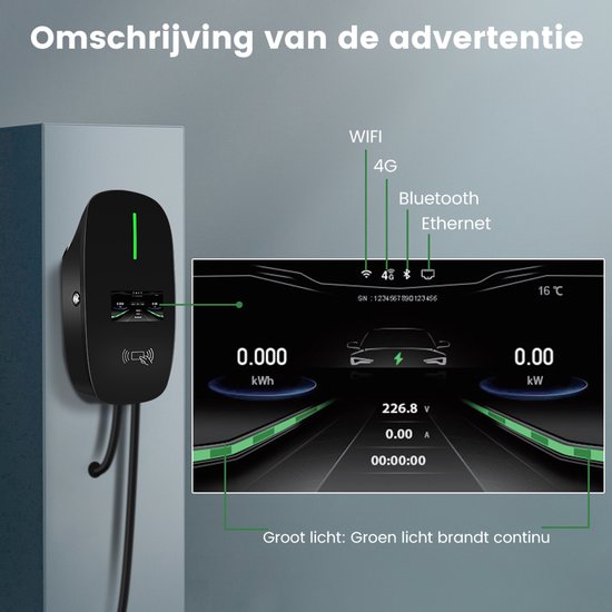 Awesafe 11KW Auto Laadpaal - Type 2 - 3-Fase - Waterdicht - 16A - 6A/8A/10A/13A/16A Schakelbaar - 6M Laadkabel - Met App/WiFi Bediening - Zwart