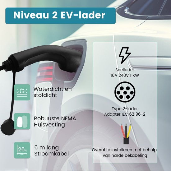 Awesafe 11KW Auto Laadpaal - Type 2 - 3-Fase - Waterdicht - 16A - 6A/8A/10A/13A/16A Schakelbaar - 6M Laadkabel - Met App/WiFi Bediening - Zwart