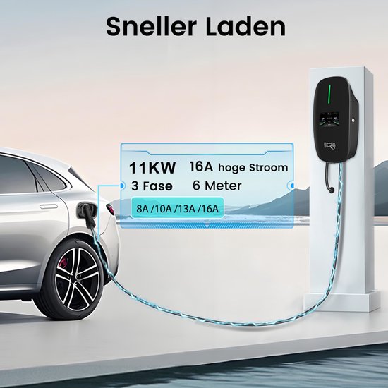 Awesafe 11KW Auto Laadpaal - Type 2 - 3-Fase - Waterdicht - 16A - 6A/8A/10A/13A/16A Schakelbaar - 6M Laadkabel - Met App/WiFi Bediening - Zwart