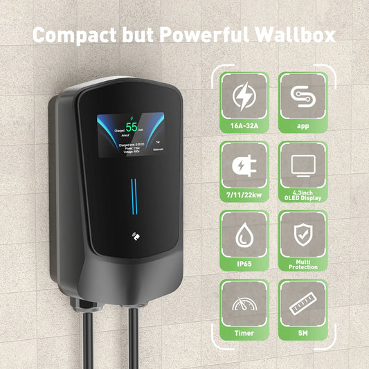Noeifevo Q6 7KW 11KW 22KW EV Wallbox-laadstation, 5M snellaadkabel waterdicht, Wi-Fi optioneel